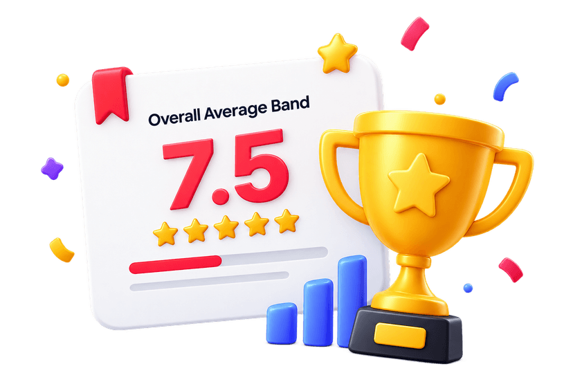 IELTS achievement trophy with overall band 7.5